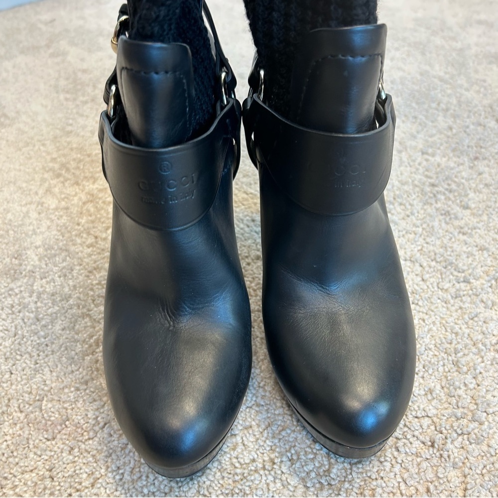 Gucci black wool knit over the knee sock harness boots leather platform 39.5 - Picture 10 of 12